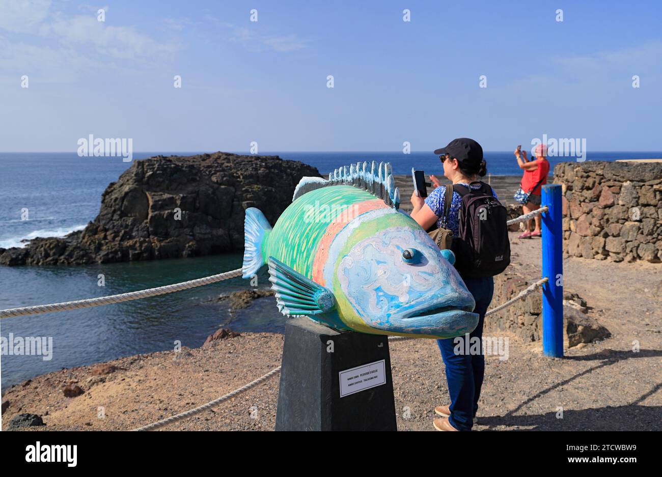 Sculpture de wrasse ornée, Thalassoma Pavo, au-dessus du port de pêche, El Cotillo, Fuerteventura, îles Canaries, Espagne. Banque D'Images