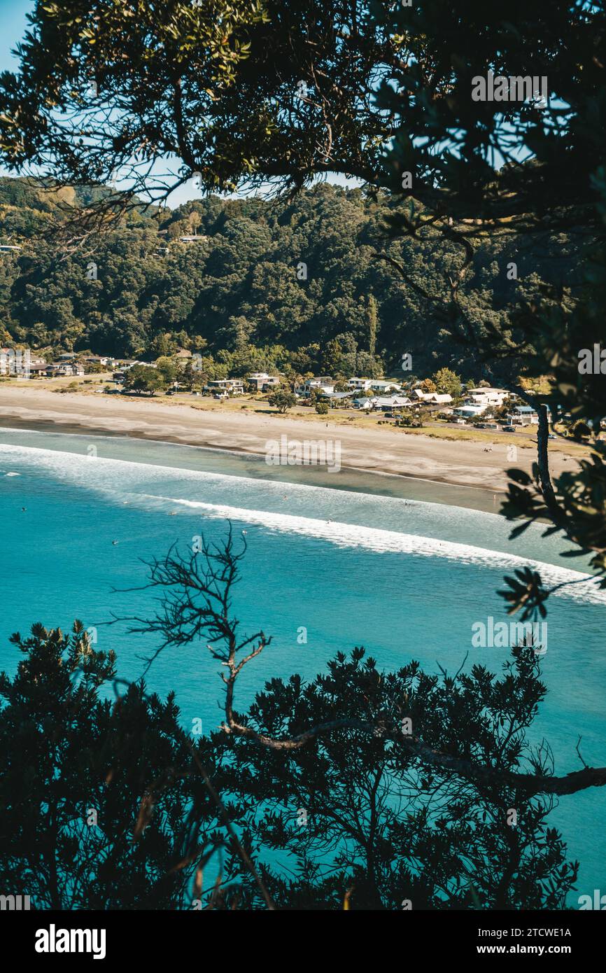 Plage d'Ohope en Nouvelle-Zélande montrant des plages, différentes formations rocheuses, la flore et la faune. Banque D'Images