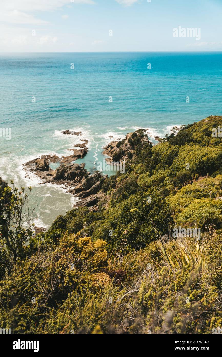 Plage d'Ohope en Nouvelle-Zélande montrant des plages, différentes formations rocheuses, la flore et la faune. Banque D'Images