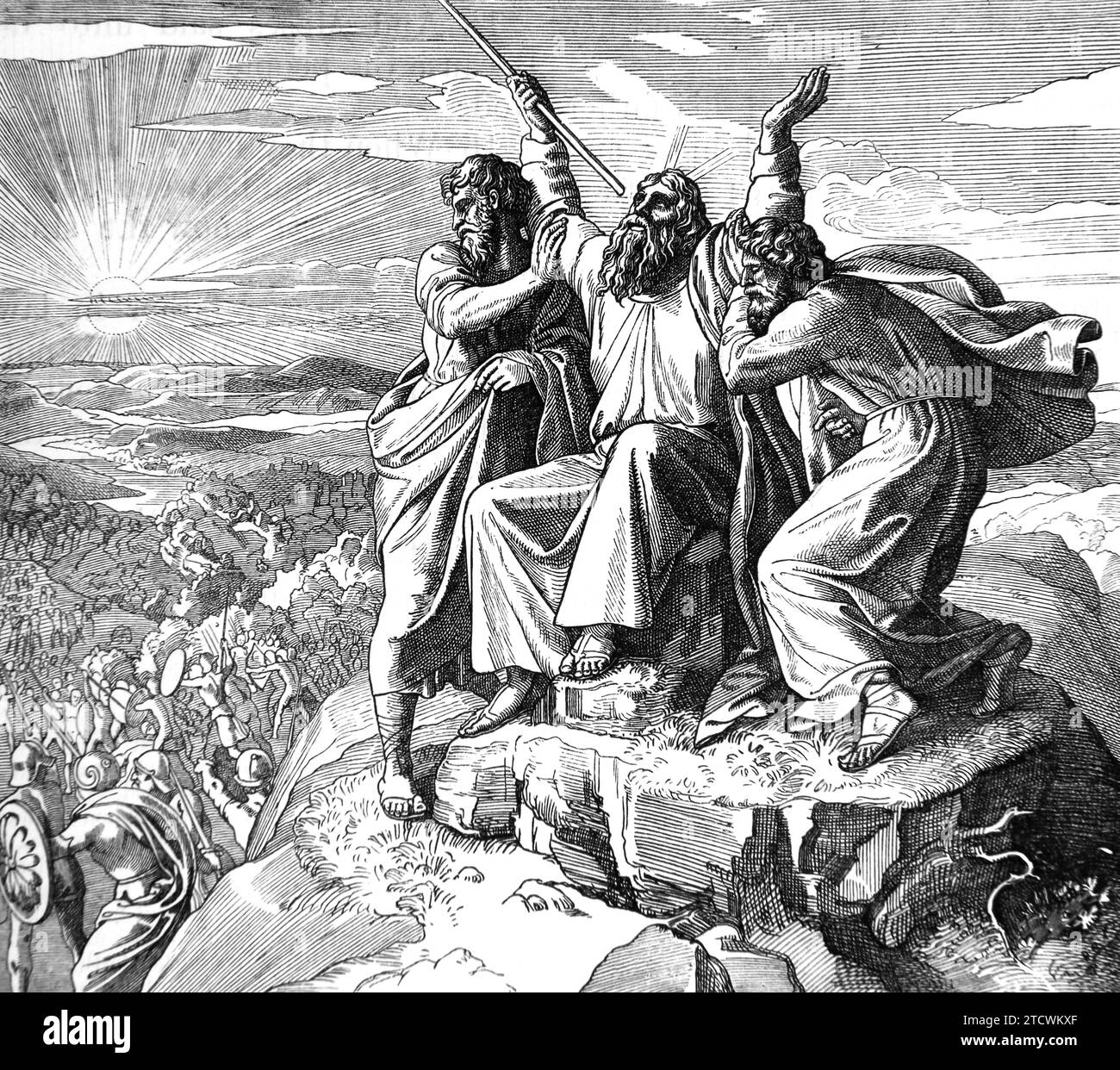 Illustration d'Aaron et Hur restant Moïse mains de la Bible antique - Aaron et Hur Sat Moïse sur un rocher et a tenu ses mains aussi longtemps que les siens Banque D'Images
