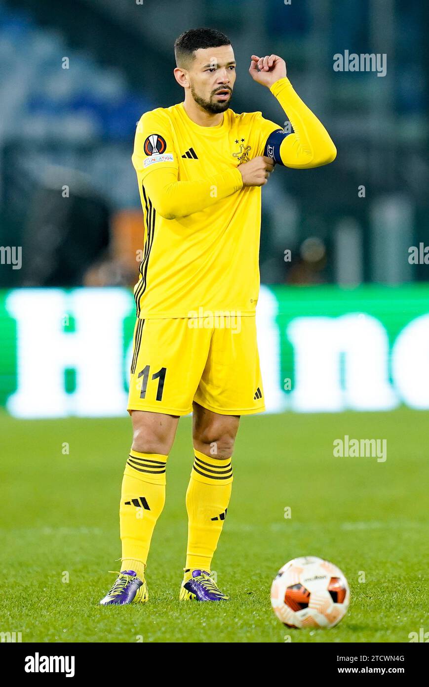 Rome, Italie. 14 décembre 2023. Ricardo Cavalcante Mendes alias Ricardinho de Sheriff se penche sur le match du groupe G de l'UEFA Europa League entre L'AS Roma et le FC Sheriff au Stadio Olimpico le 14 décembre 2023 à Rome, en Italie. Crédit : Giuseppe Maffia/Alamy Live News Banque D'Images