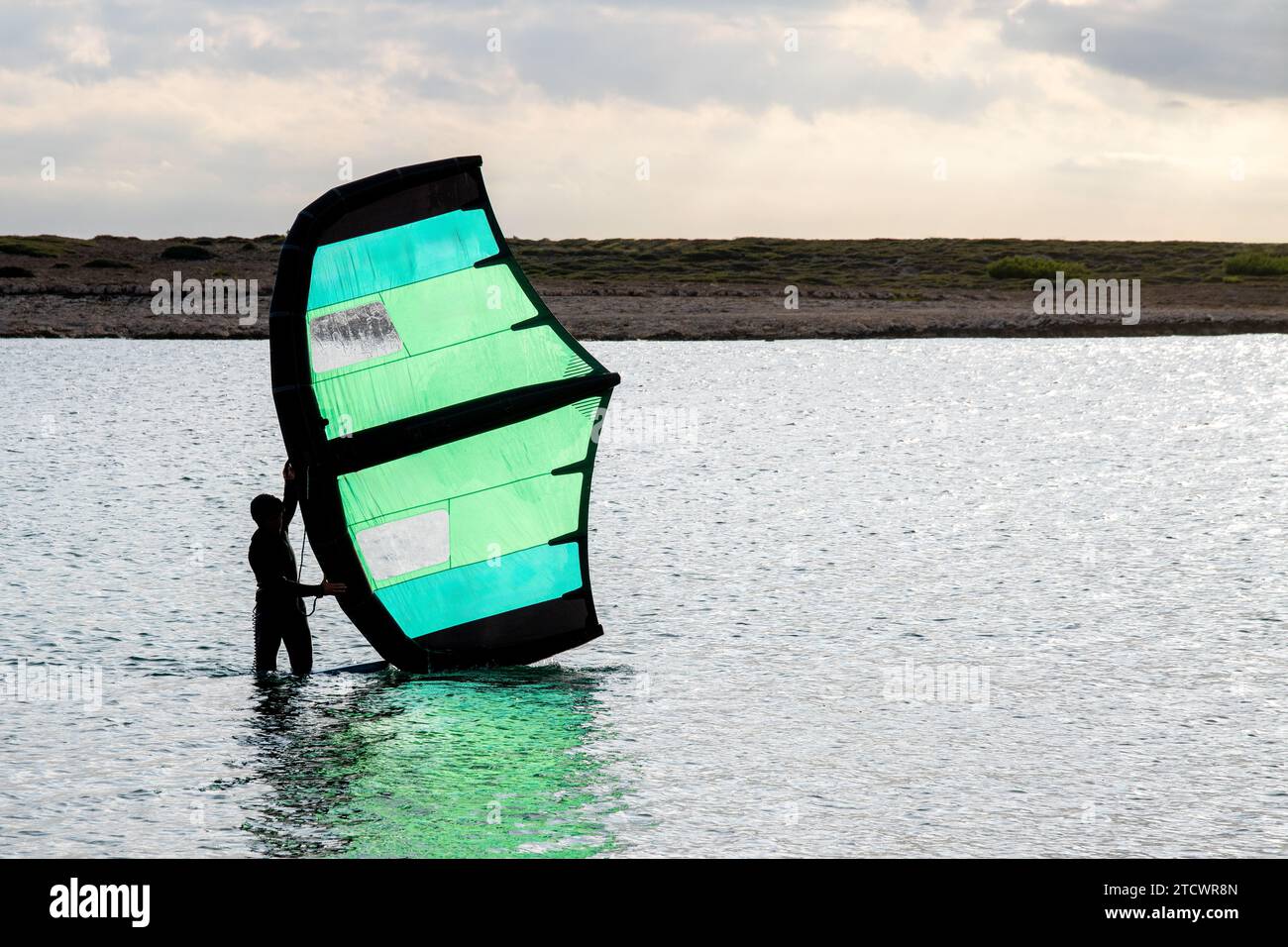 Un homme se tient debout à genoux dans l'eau tenant une voile pour la planche à voile ou le wingsurf. L'homme est rétroéclairé et la lumière brille à travers le sai vert Banque D'Images