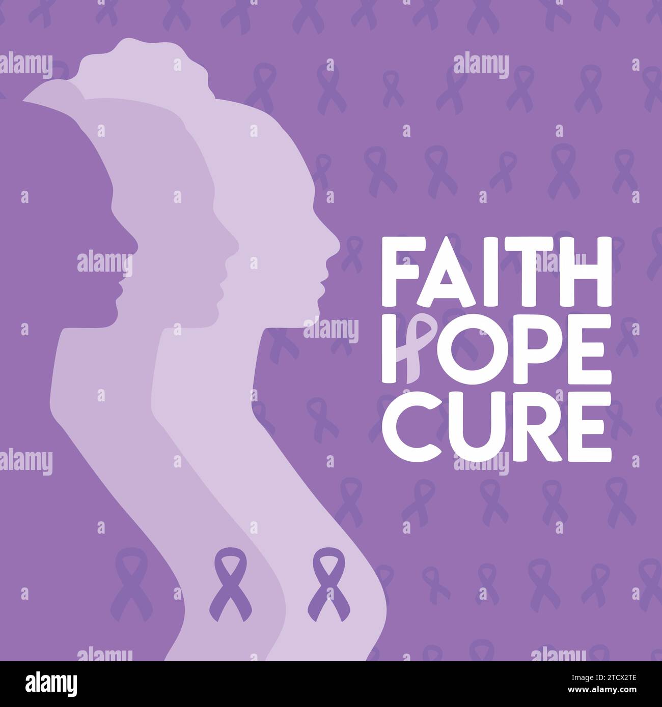 Journée mondiale contre le cancer 4 février. Foi, espoir, phrase de guérison. Silhouette de femme avec des rubans violets sur la poitrine. Prévention du cancer et vecteur de soins de santé Illustration de Vecteur