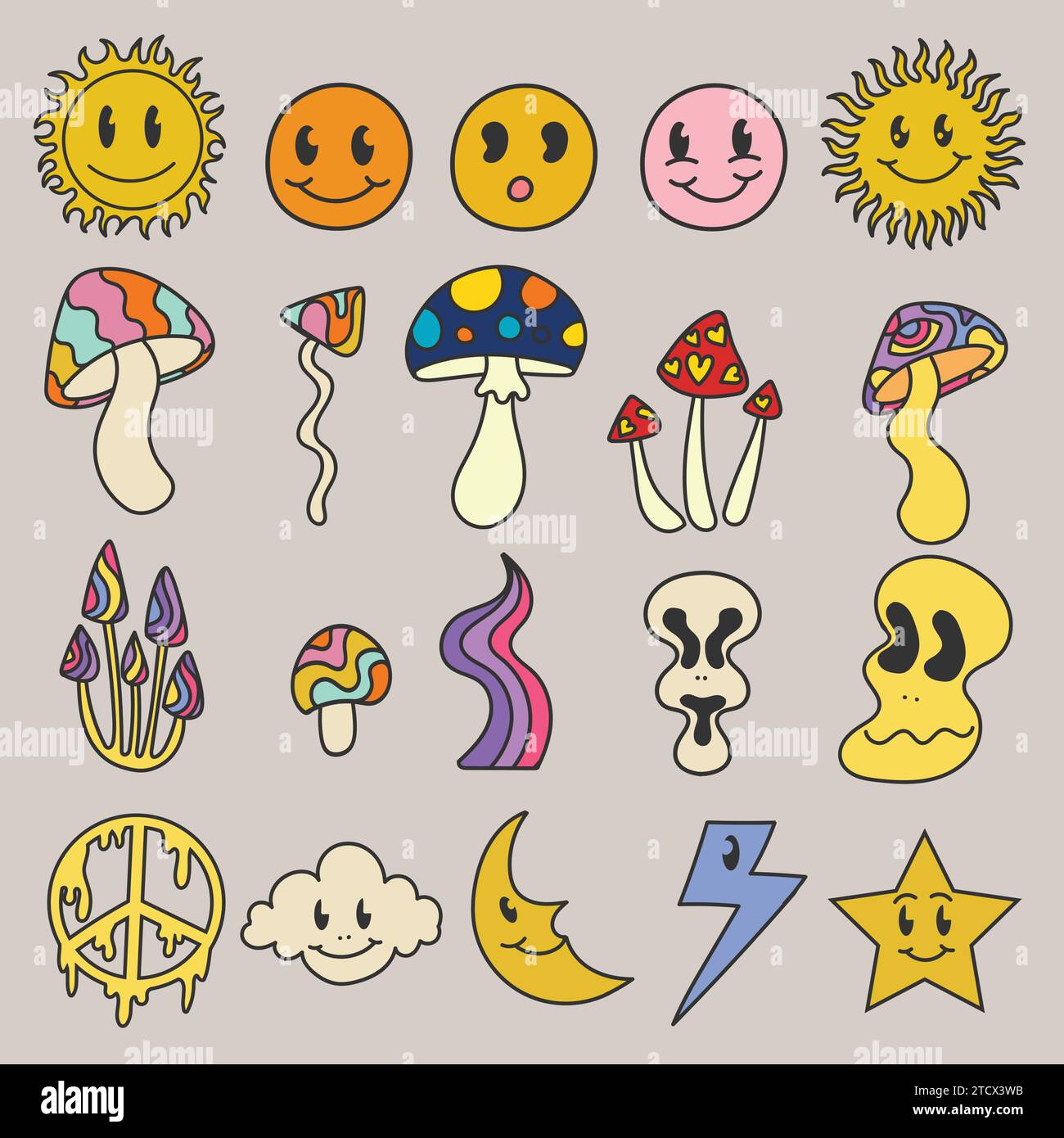 Collection d'éléments psychédéliques dessinés à la main pour votre entreprise ou votre marque Illustration de Vecteur