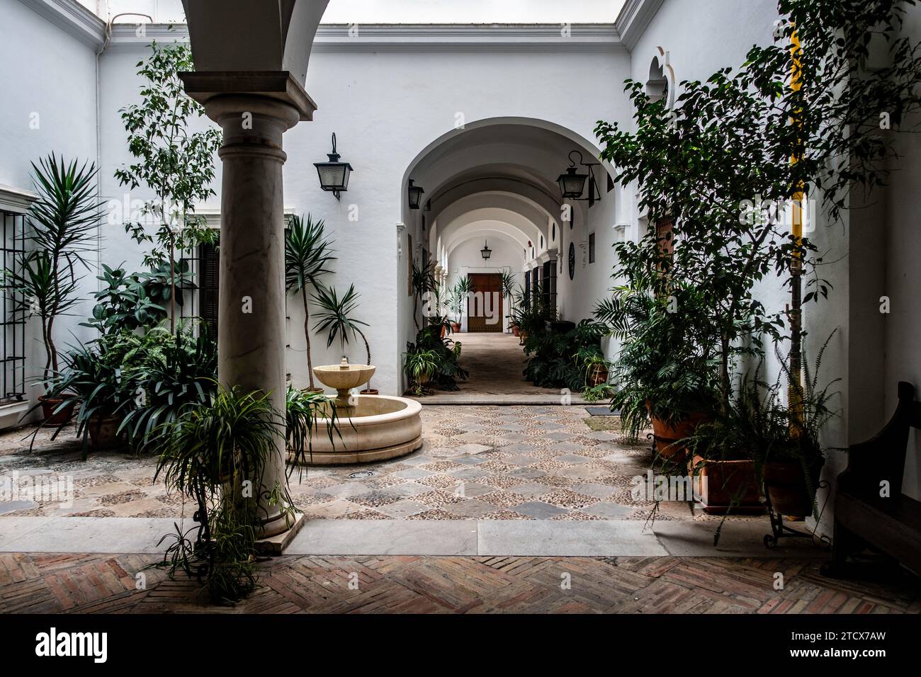 Une cour intérieure sereine remplie de plantes luxuriantes et d'architecture traditionnelle. Banque D'Images