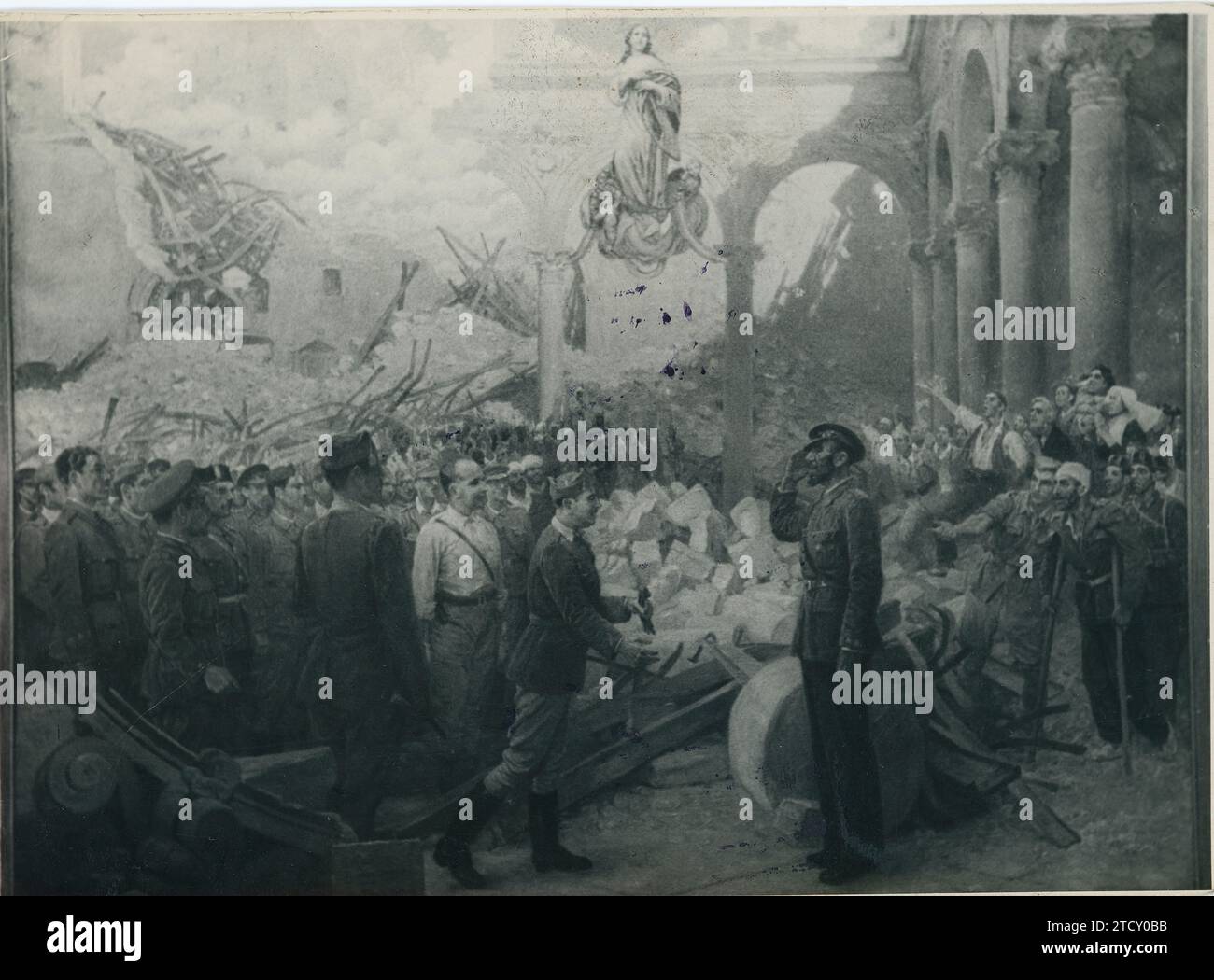 Toledo, 1940 (CA.). Guerre civile, 'aucune nouvelle dans l'alcazar', peinture de Cesar Alvarez Dumont qui capture ce moment historique. Crédit : Album / Archivo ABC / Virgilio Muro Banque D'Images