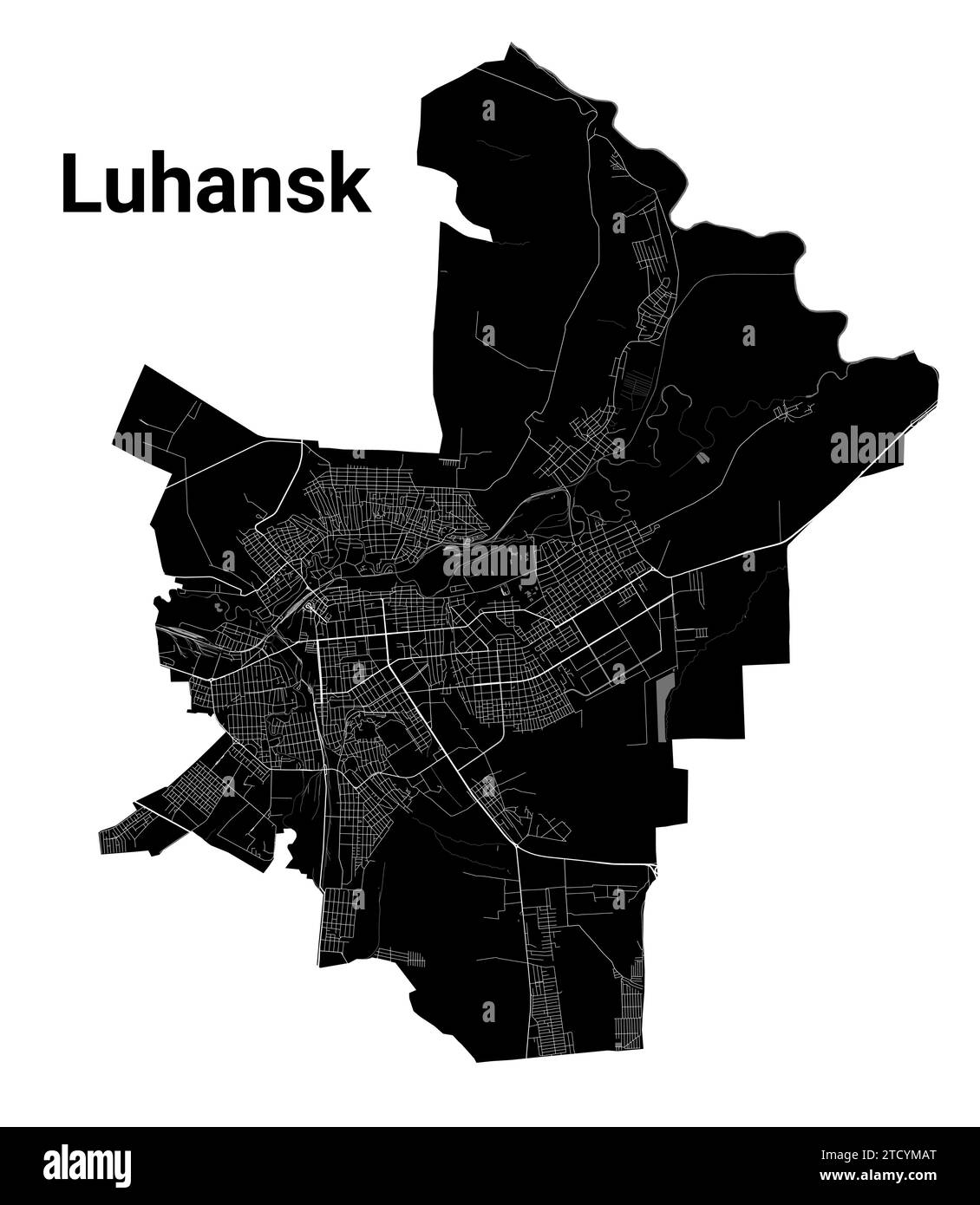 Plan de Luhansk, Ukraine. Frontières administratives municipales, carte en noir et blanc avec rivières et routes, parcs et voies ferrées. Illustration vectorielle. Illustration de Vecteur