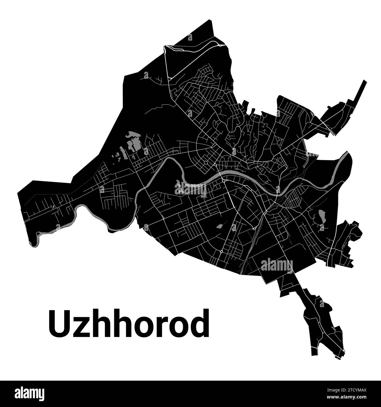 Carte de la ville d'Uzhhorod, Ukraine. Frontières administratives municipales, carte en noir et blanc avec rivières et routes, parcs et voies ferrées. Illustration vectorielle. Illustration de Vecteur