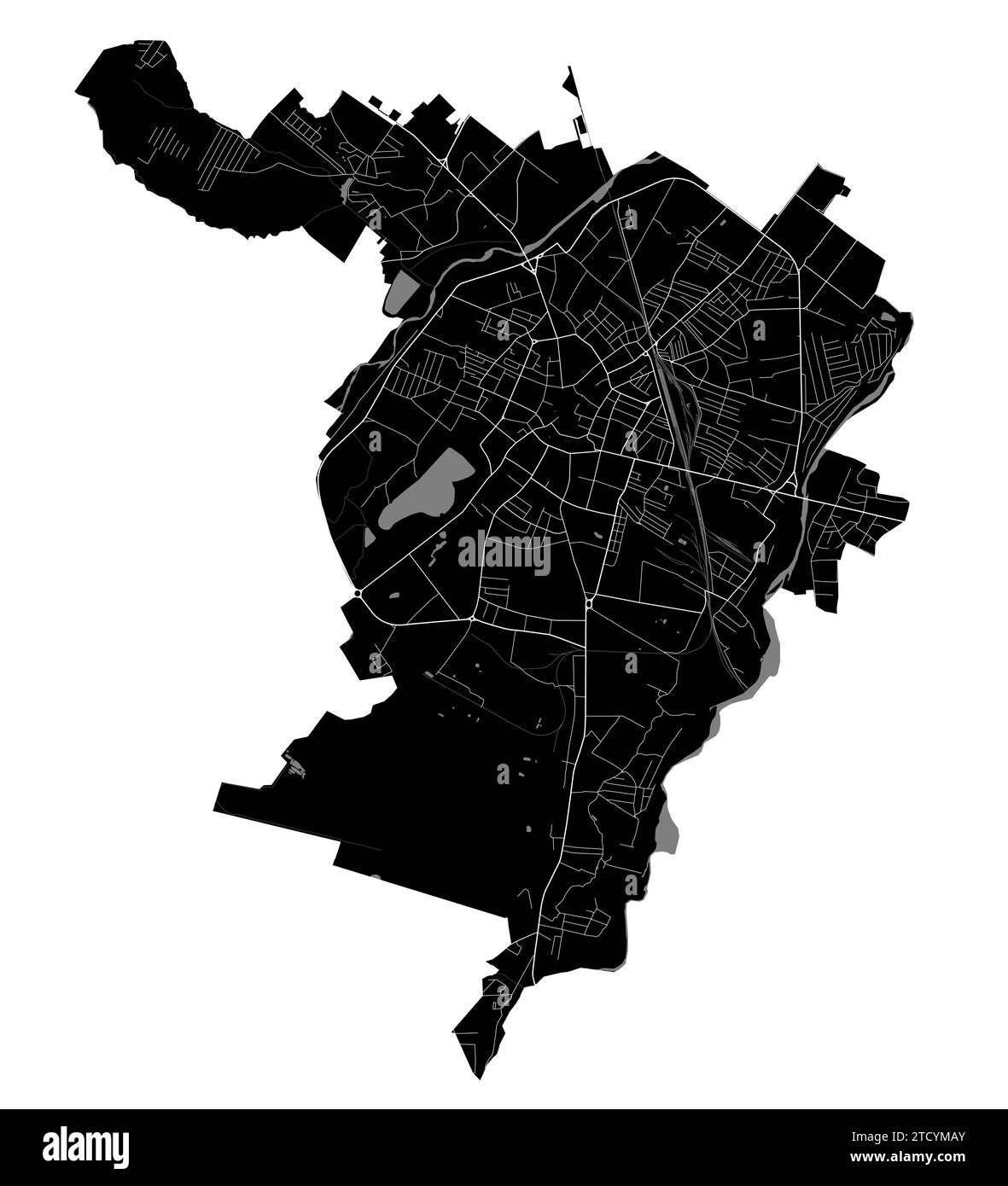 Carte de la ville d'Ivano-Frankivsk, Ukraine. Frontières administratives municipales, carte en noir et blanc avec rivières et routes, parcs et voies ferrées. Vector illust Illustration de Vecteur