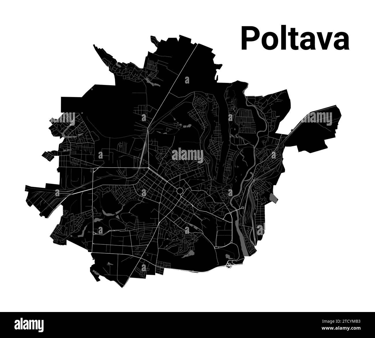 Carte de Poltava, Ukraine. Frontières administratives municipales, carte en noir et blanc avec rivières et routes, parcs et voies ferrées. Illustration vectorielle. Illustration de Vecteur