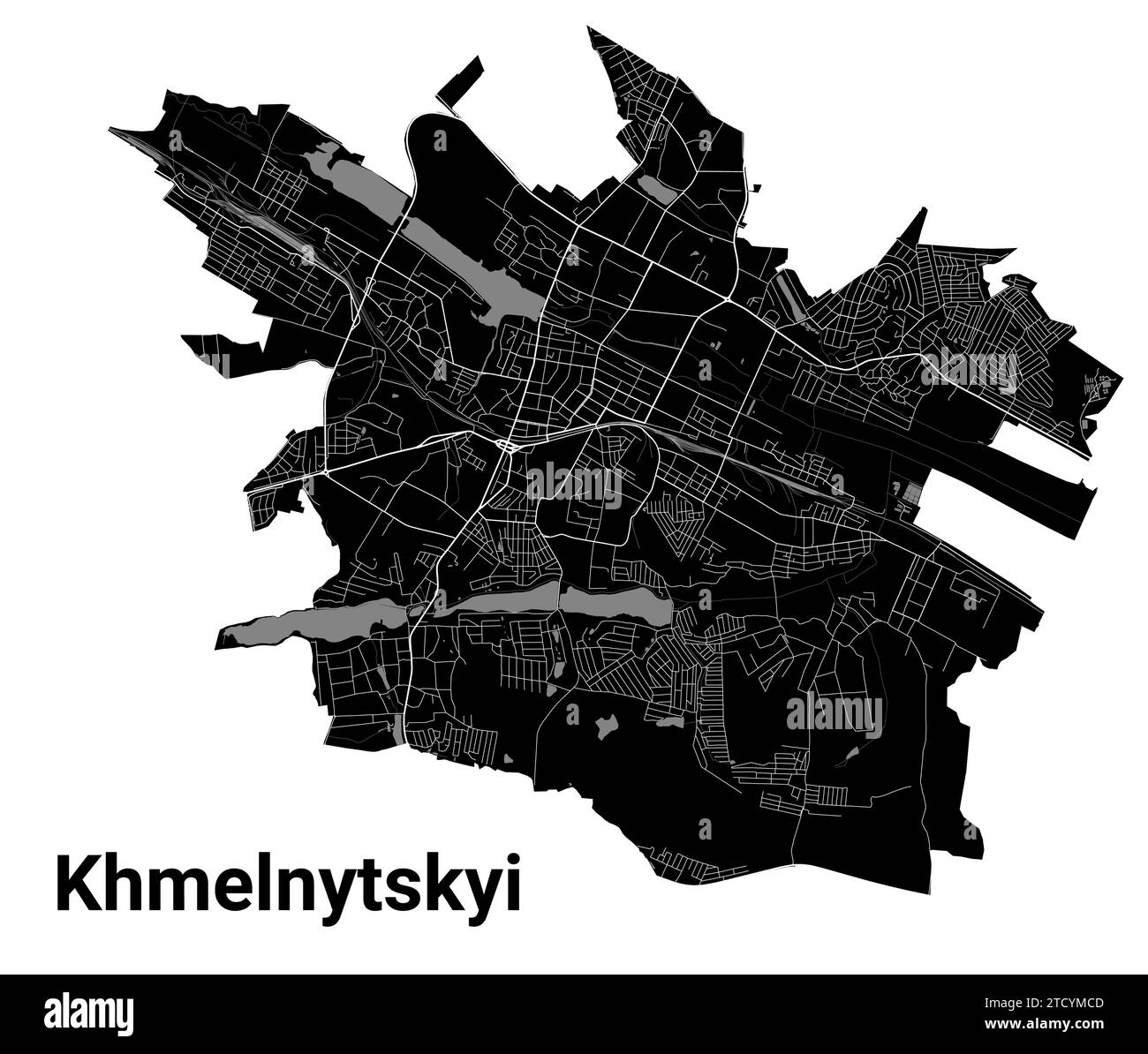 Carte de Khmelnytskyi, Ukraine. Frontières administratives municipales, carte en noir et blanc avec rivières et routes, parcs et voies ferrées. Illustration vectorielle Illustration de Vecteur