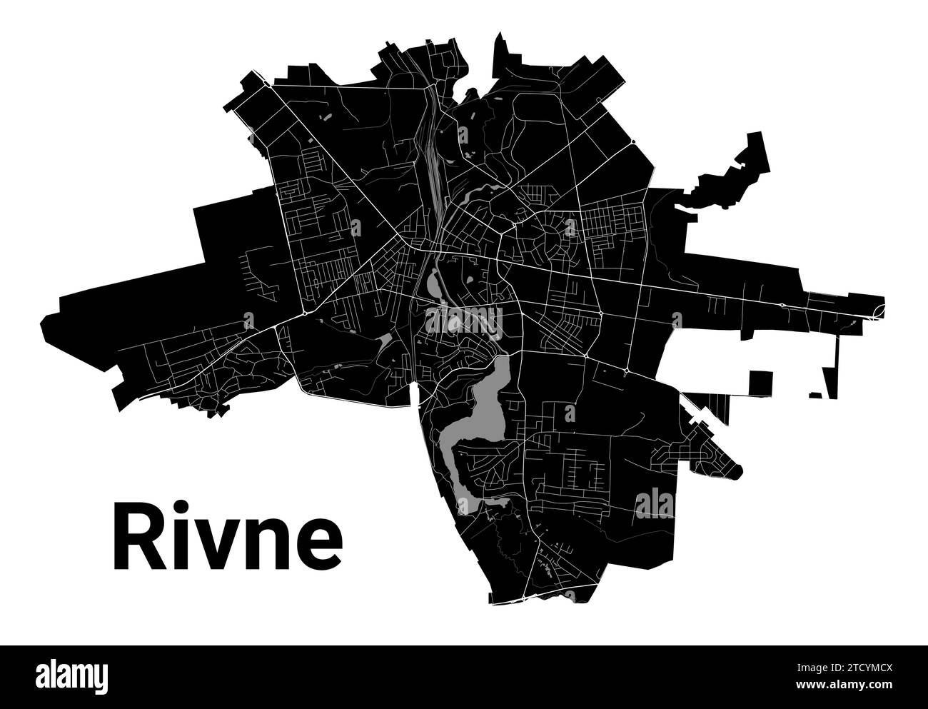 Carte de Rivne, Ukraine. Frontières administratives municipales, carte en noir et blanc avec rivières et routes, parcs et voies ferrées. Illustration vectorielle. Illustration de Vecteur