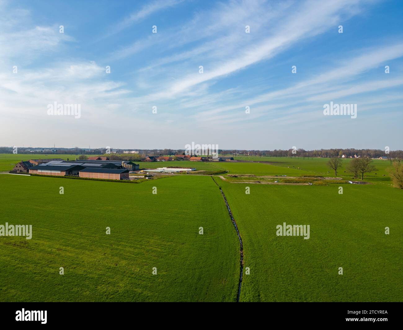 Cette image présente une perspective aérienne à couper le souffle de vastes terres agricoles sous un ciel bleu vibrant avec des nuages rusés. Les formes géométriques contrastées des bâtiments de la ferme contre les champs verts uniformes créent un motif visuellement frappant. Un chemin étroit et sinueux ou une voie navigable traverse les champs, ajoutant un élément dynamique à la composition. La scène est baignée de lumière du soleil, soulignant la vivacité des champs verts, signalant un environnement agricole prospère. Vue aérienne étendue des bâtiments agricoles au milieu de terres agricoles luxuriantes. Photo de haute qualité Banque D'Images