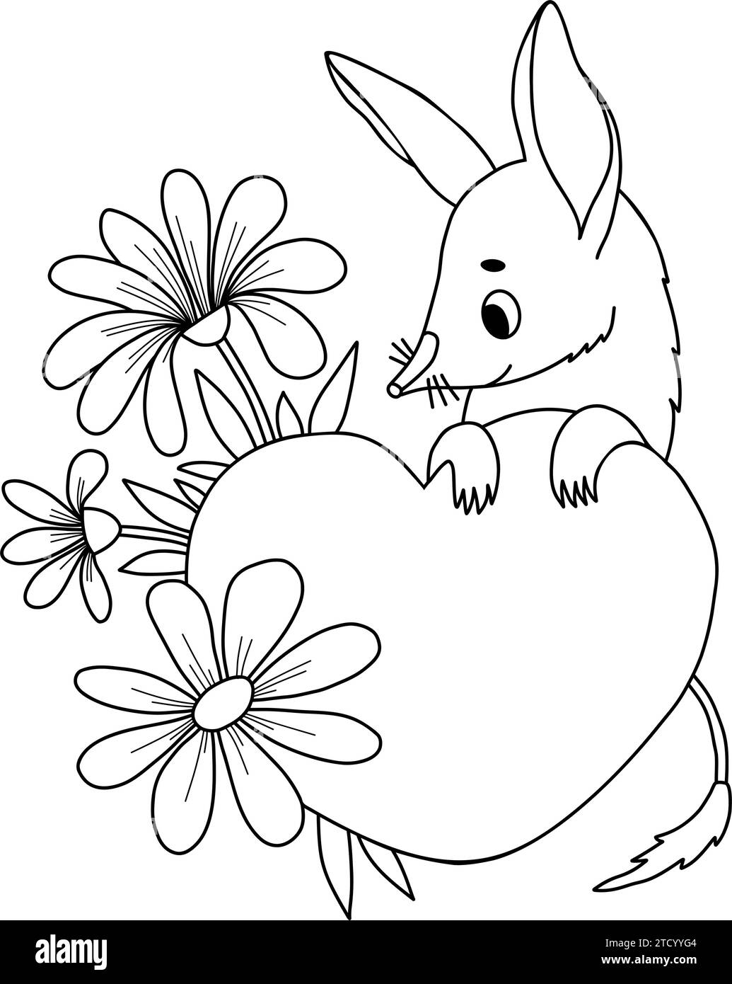 Animal australien bilby avec coeur et fleurs. Personnage émaillé Valentine. Illustration vectorielle linéaire, dessin de contour, livre de coloriage. Les enfants collectionnent Illustration de Vecteur