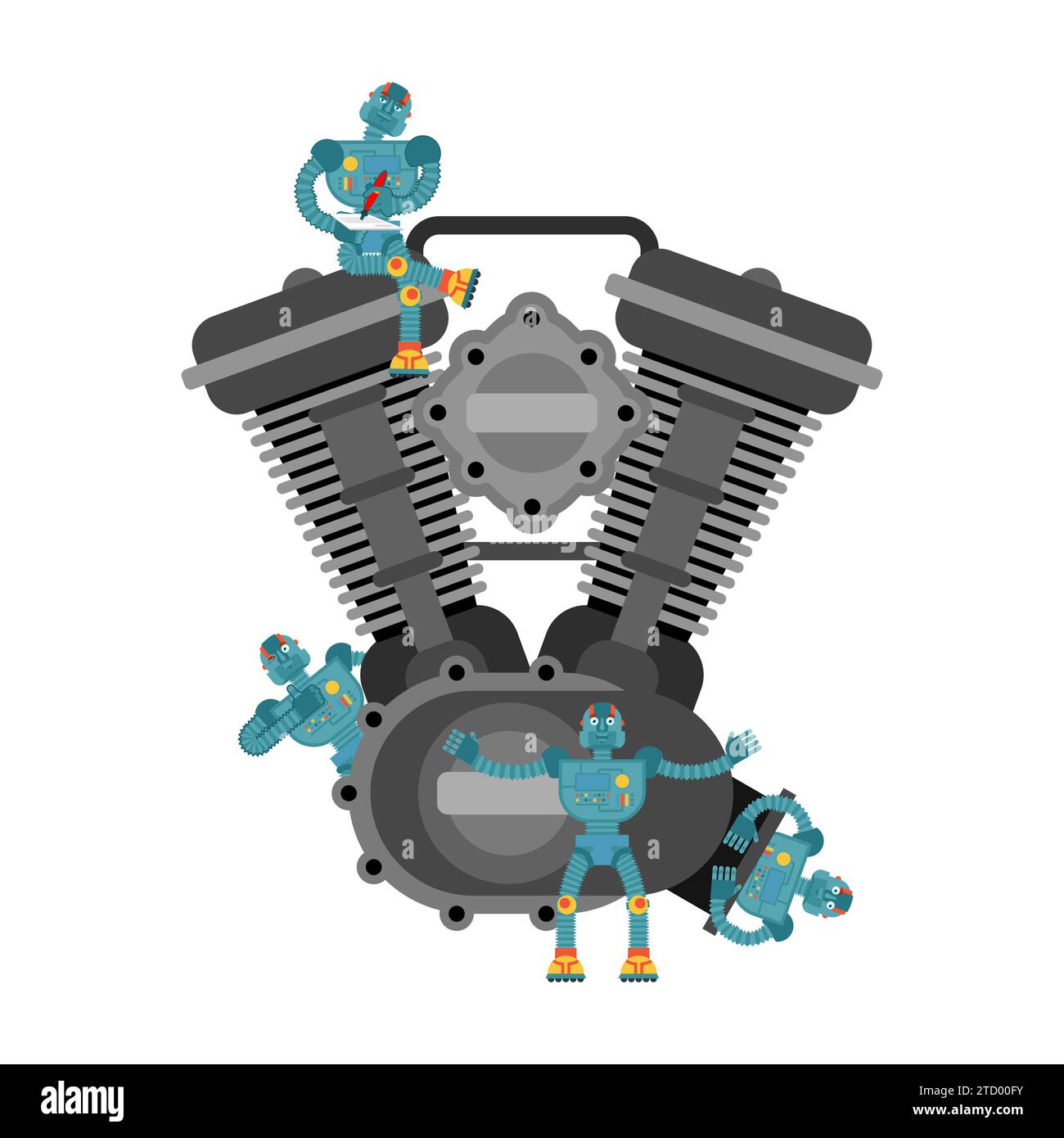 Mini robot mécanicien de voiture et moteur. Nanorobots et moteur à combustion interne. Service de voiture de concept futur. Technologies d'avenir en automobile Illustration de Vecteur