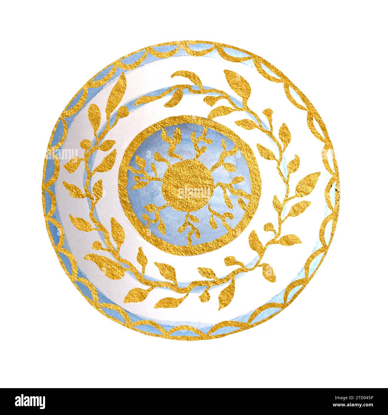 Assiette en porcelaine bleu aquarelle blanche avec ornement végétal doré isolé sur blanc Banque D'Images
