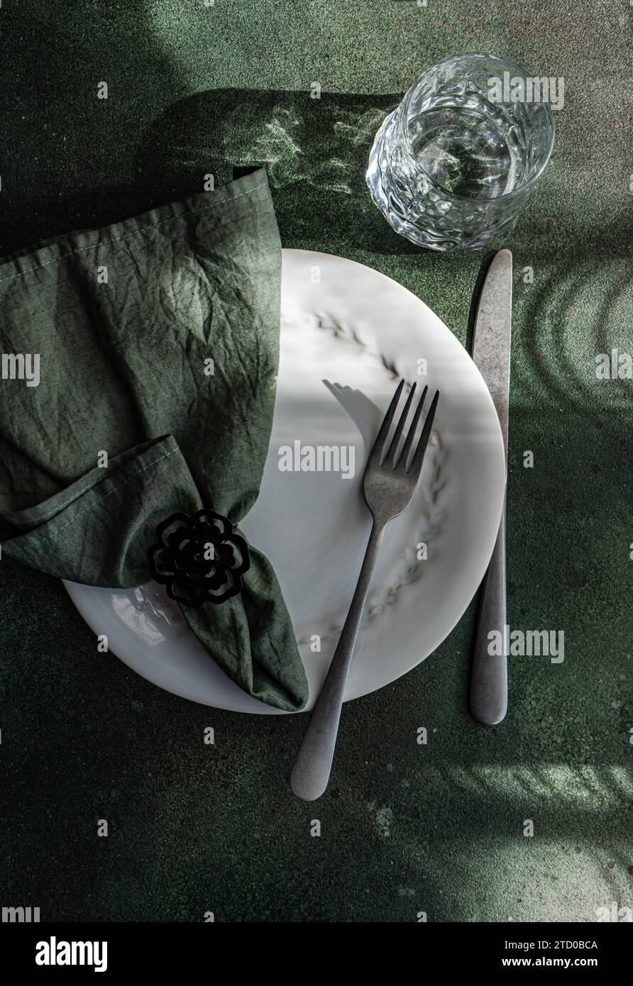 Une table artistique avec une assiette blanche avec une serviette décorative, des ustensiles et un verre clair sur une table projetant des ombres douces. Banque D'Images