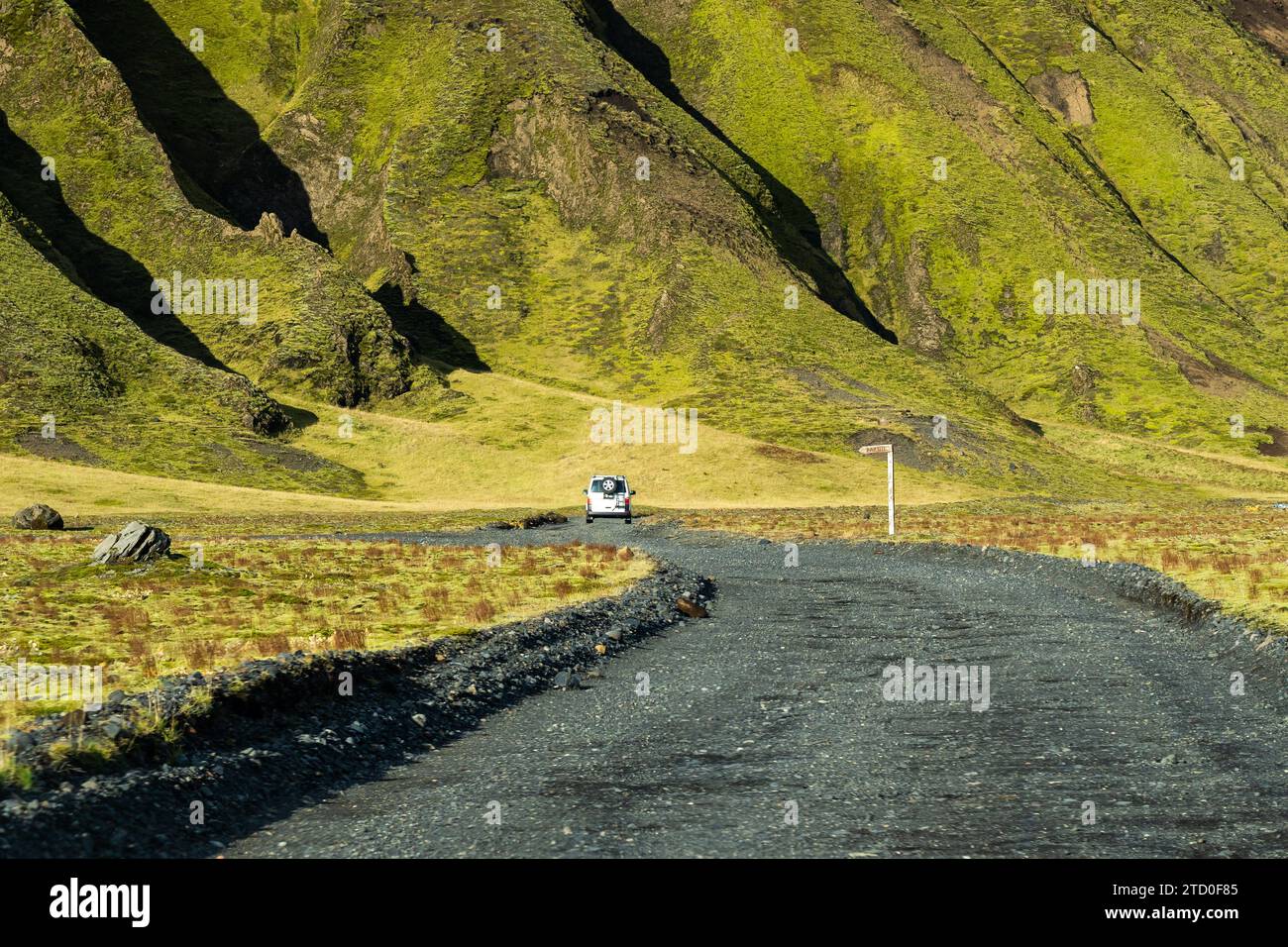 Vue arrière d'une voiture solitaire voyageant le long d'une route sinueuse au milieu des pentes verdoyantes et vibrantes de la vallée de Thorsmork en Islande, mettant en valeur le beau intact Banque D'Images