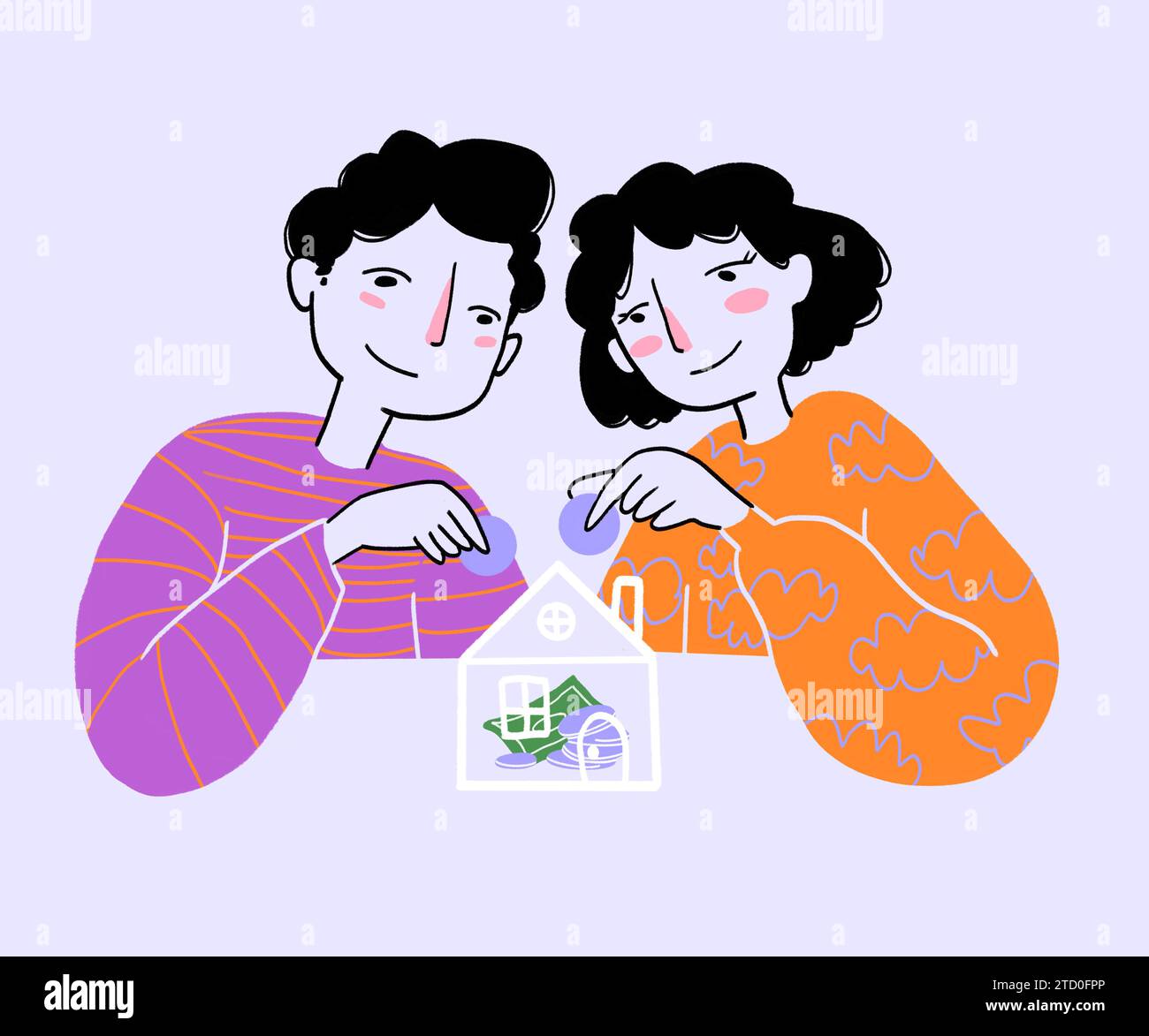 Illustration de l'homme et de la femme portant des chandails mettant des pièces dans la boîte d'argent tout en l'épargnant pour la future maison sur fond violet Banque D'Images
