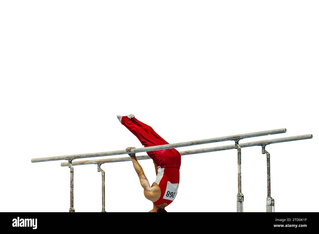 gymnaste exercice des barres parallèles dans la gymnastique de championnat isolé sur fond blanc, élément zhou shixioug Banque D'Images gymnaste exercice des barres parallèles dans la gymnastique de championnat isolé sur fond blanc, élément zhou shixioug Banque D'Images