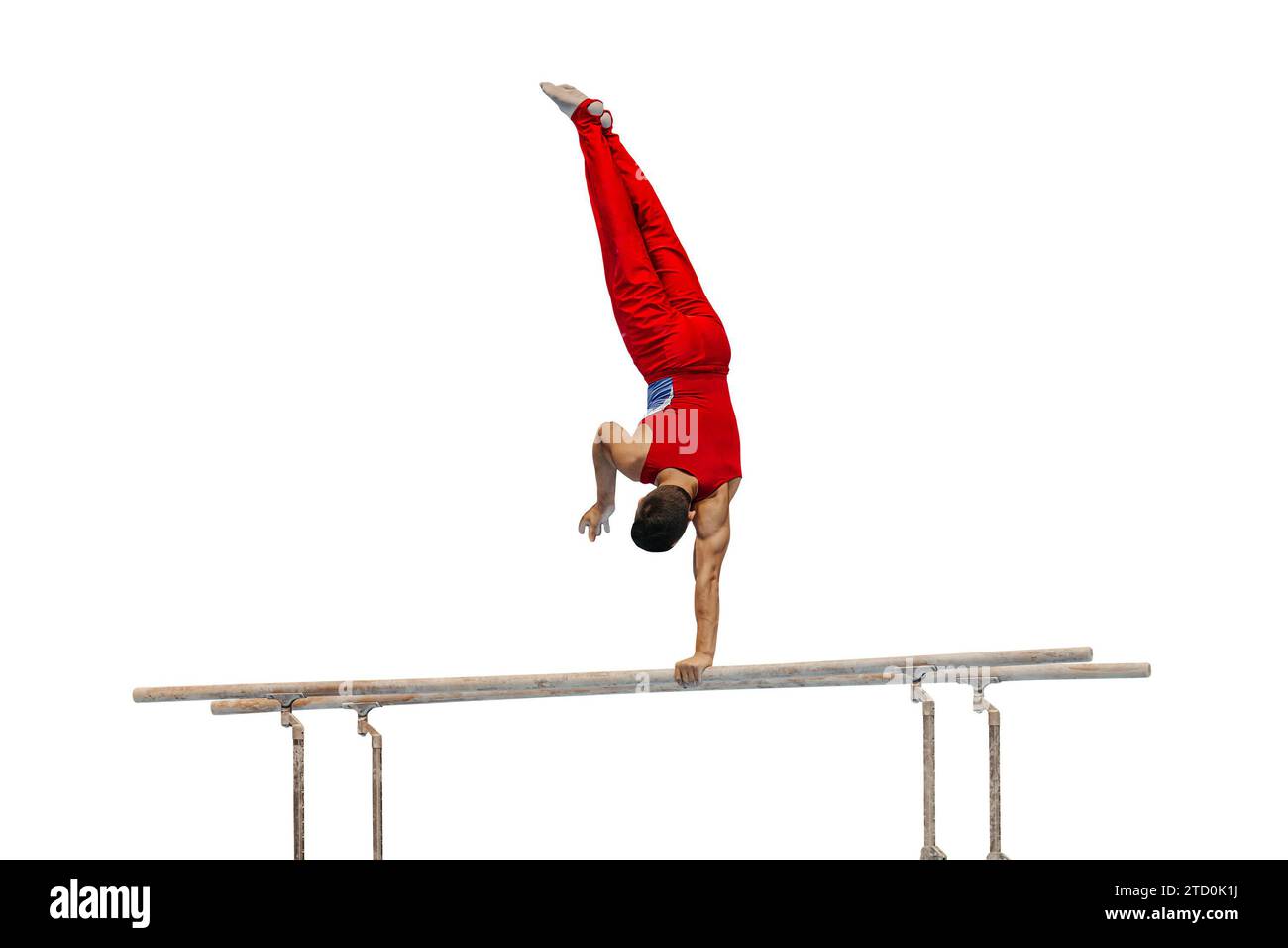 gymnaste masculin exécutant sur des barres parallèles compétition gymnastique artistique isolé sur fond blanc Banque D'Images