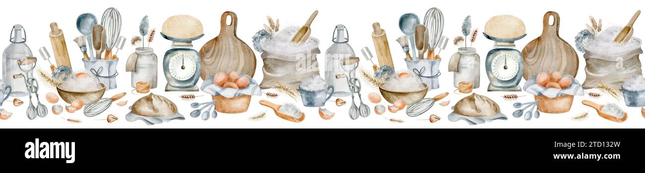 Préparation de produits de boulangerie bordure sans couture. Ustensiles et outils aquarelle pour la fabrication de produits de boulangerie maison. Cuisson des desserts et du pain tiré à la main. Banque D'Images