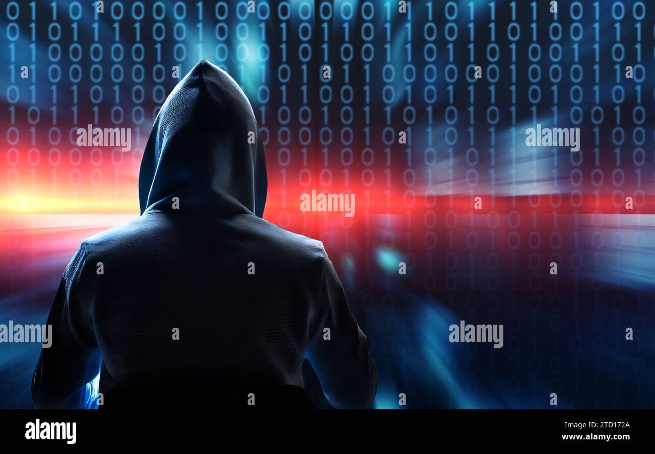pirate dans le capot et le fond de données binaires, cybercriminalité, ransomware, violation de données et concept de phishing Banque D'Images