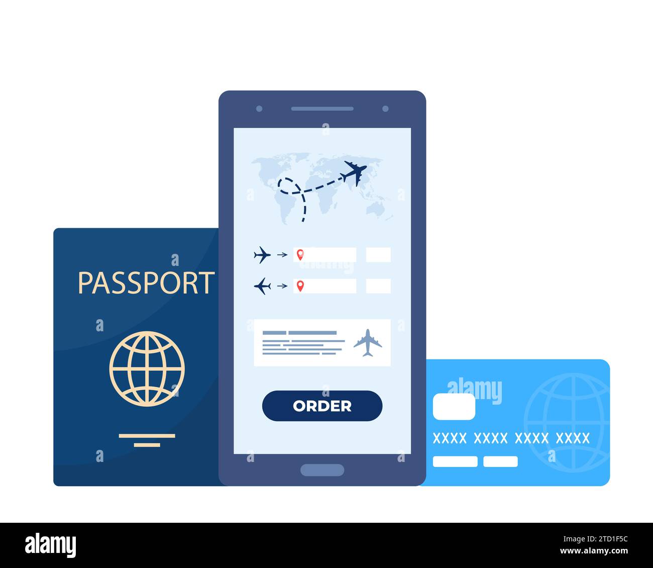 Application mobile pour acheter des billets avec smartphone. Réservation de vols de voyage. Achetez un billet en ligne. Passeport et carte de crédit. Inscription en ligne. Vector illustr Illustration de Vecteur