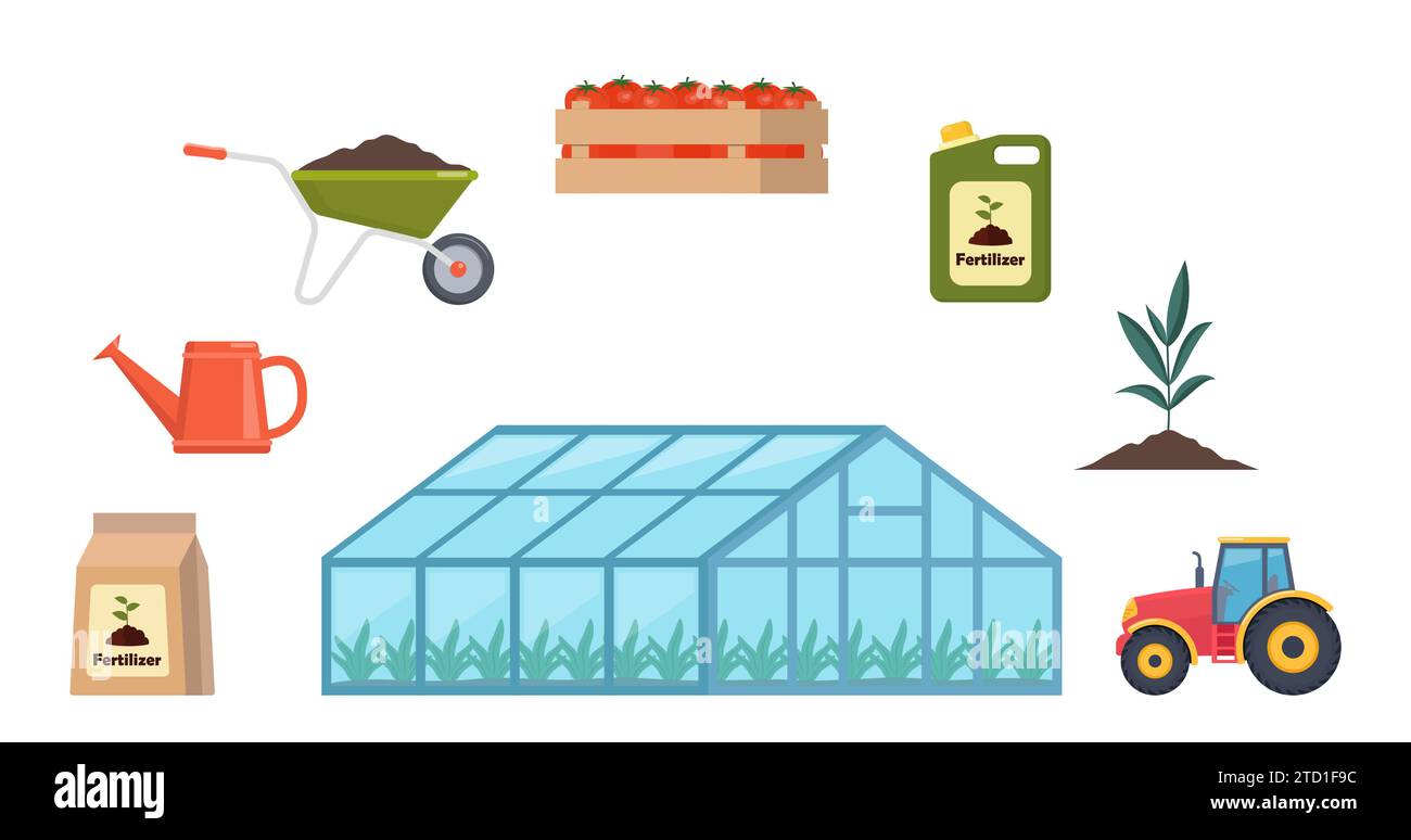 Serre et différents éléments agricoles. Engrais, tracteur, chariot, arrosoir. Ensemble d'icônes sur le thème de la ferme. Illustration vectorielle Illustration de Vecteur