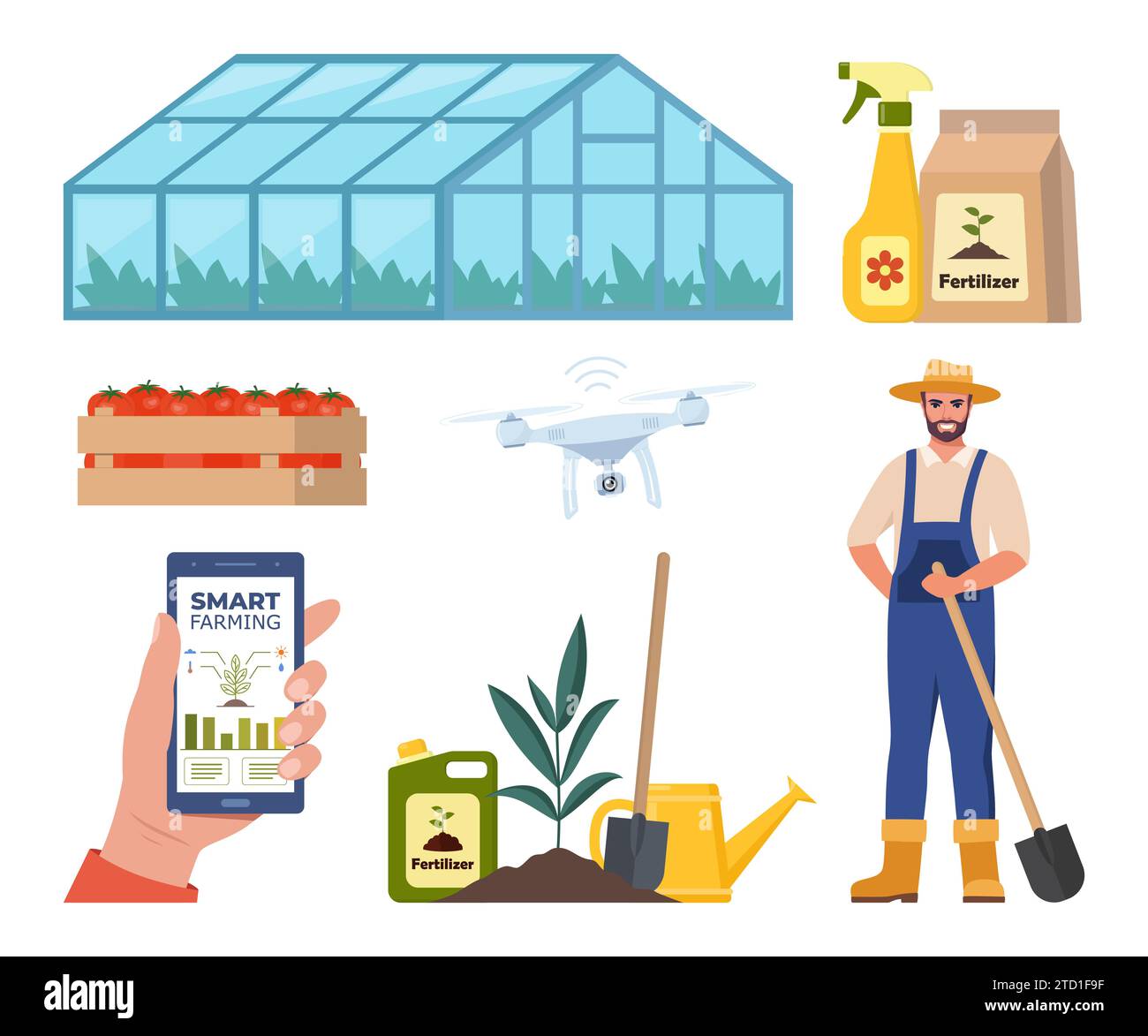 Caractère fermier et différents éléments de la ferme. Serre, engrais. Agriculture intelligente, drone dans l’industrie agricole. Smartphone avec application pour contrôler les plantes g Illustration de Vecteur