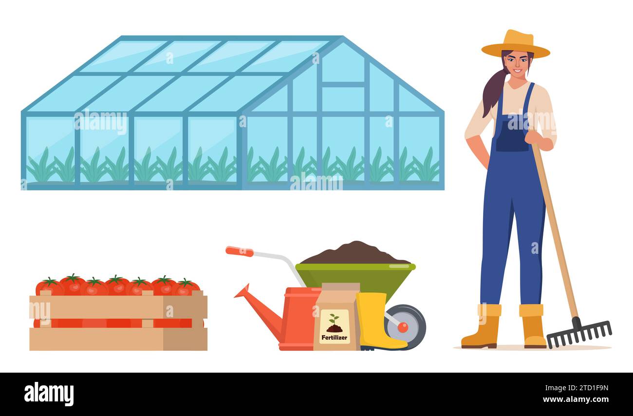 Personnage de femme fermière et différents éléments de la ferme. Serre, engrais, arrosoir, chariot. Ensemble d'éléments sur le thème de la ferme. Illustration vectorielle Illustration de Vecteur