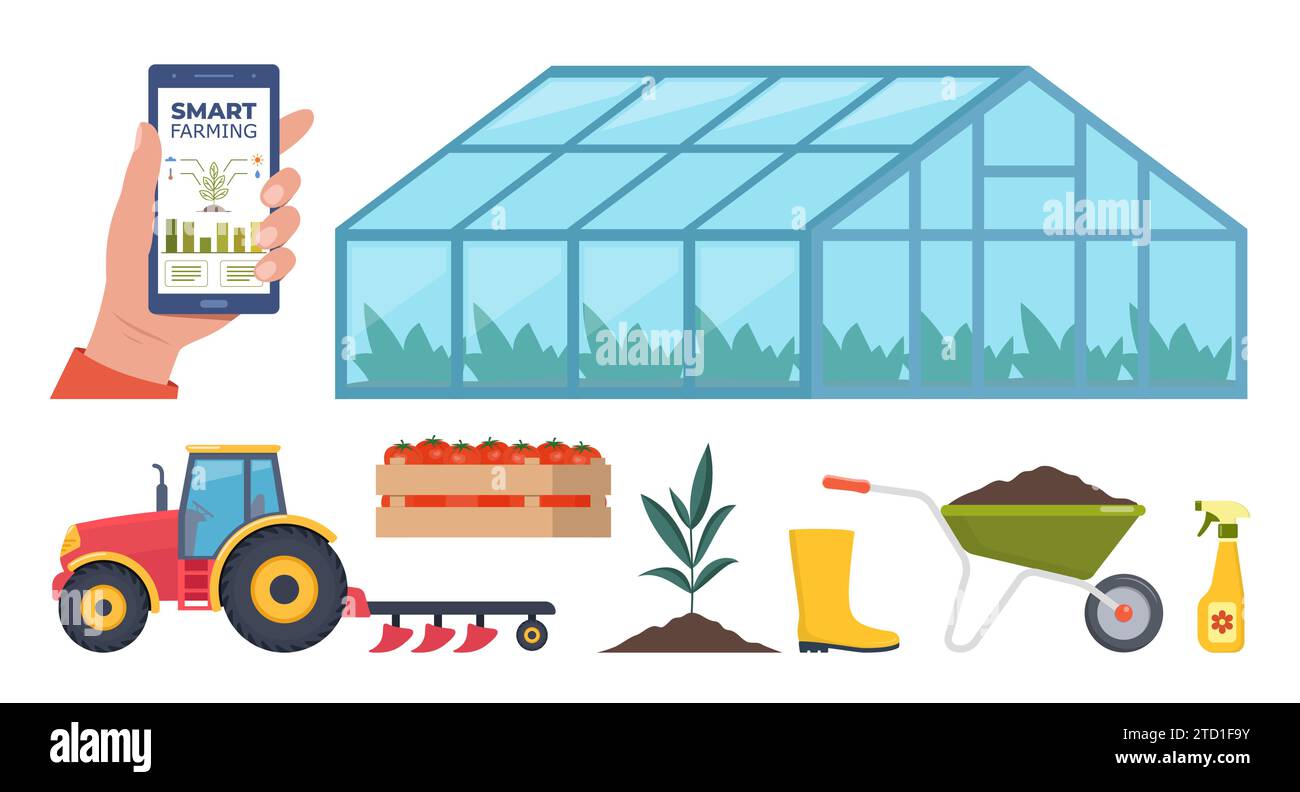 Différents éléments agricoles. Serre, engrais, tracteur, chariot. Agriculture intelligente. Smartphone avec application pour contrôler la croissance des plantes. Illustration vectorielle Illustration de Vecteur