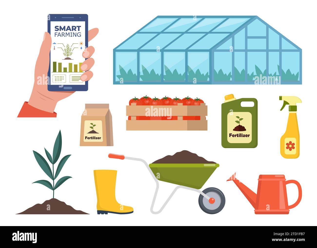 Différents éléments agricoles. Serre, engrais, tracteur, chariot. Agriculture intelligente. Smartphone avec application pour contrôler la croissance des plantes. Illustration vectorielle Illustration de Vecteur