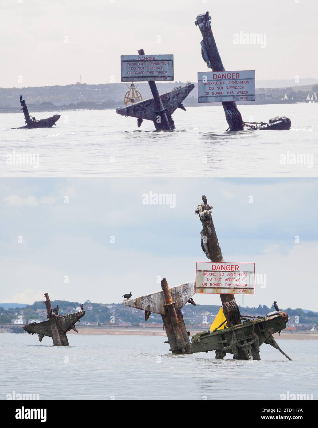 Sheerness, Kent, Royaume-Uni. 15 décembre 2023. [PHOTO COMPOSITE montrant des changements aux mâts - haut octobre 2009, bas mai 2022] le naufrage notoire du SS Richard Montgomery va voir son mât enlevé en mars de l'année prochaine, comme indiqué par Southend Echo. Le navire d'enquête Thames Guardian a vu terminer les derniers sondages sonar, qui ont déjà révélé que les mâts se sont détériorés davantage que prévu. Crédit : James Bell/Alamy Live News Banque D'Images