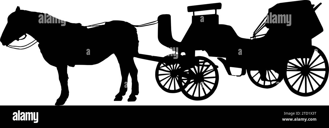 Silhouette en noir d'une calèche tirée par des chevaux Illustration de Vecteur