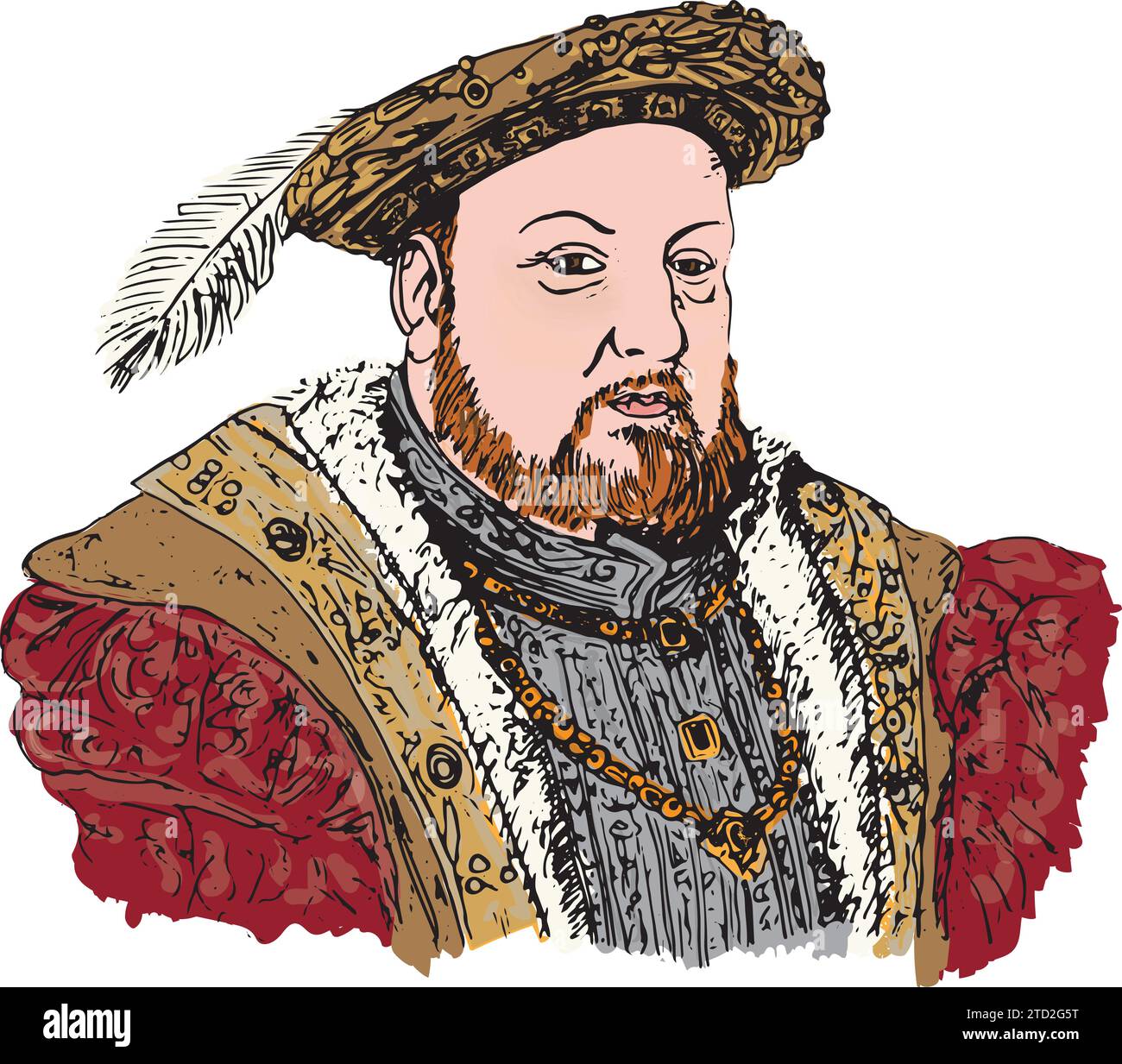 Roi Henri VIII d'Angleterre avec chapeau à plumes et manteau rouge, portrait Illustration de Vecteur