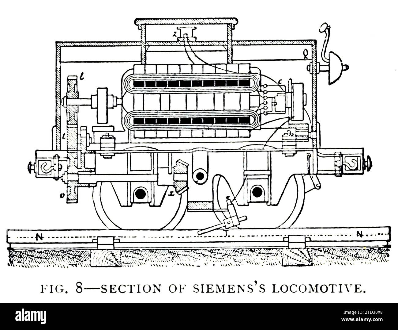 Illustration d'une section d'une locomotive Siemens. Extrait de 'Development of the Electric Locomotive' par B. J Arnold, du magazine Engineering, Volume VII, 1894. Banque D'Images