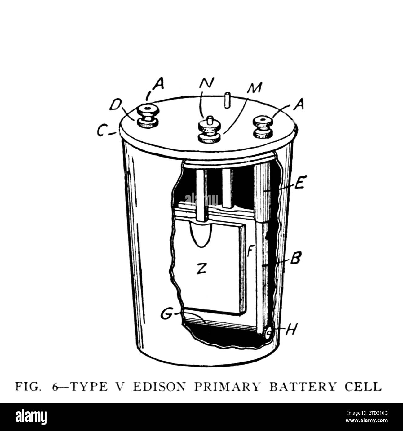 Cellule de batterie primaire Edison de type V, illustration. Extrait de 'Military signal corps Manual' par James Andrew White, date de publication 1918. Banque D'Images