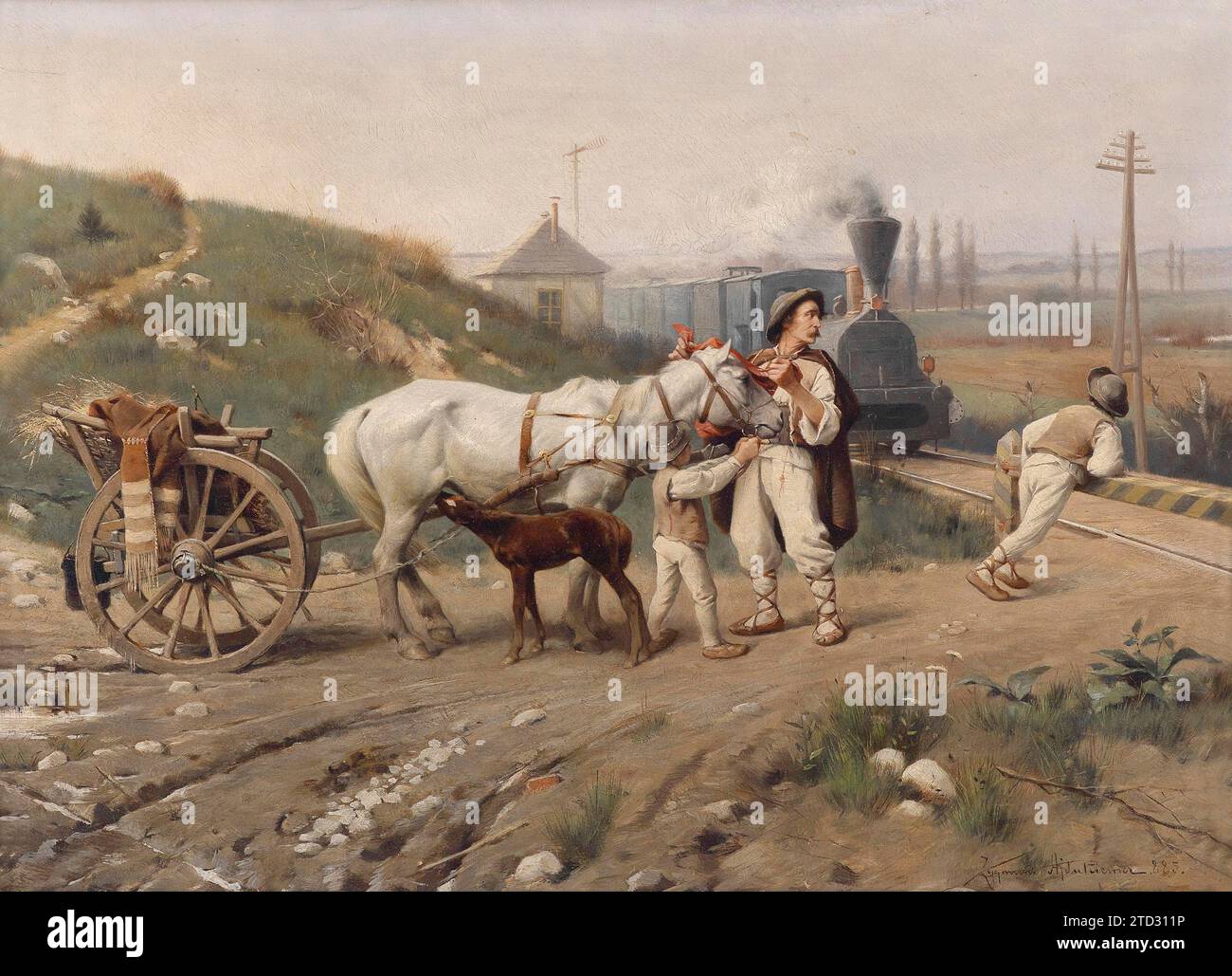 Tableau intitulé 'Un train arrive', de Zygmunt Ajdukiewicz (1861-1917) peintre réaliste polonais de la fin du 19e siècle spécialisé dans les portraits, le genre et la peinture historique. Ajdukiewicz, est né et a grandi dans le secteur autrichien de la Pologne partitionnée. Banque D'Images
