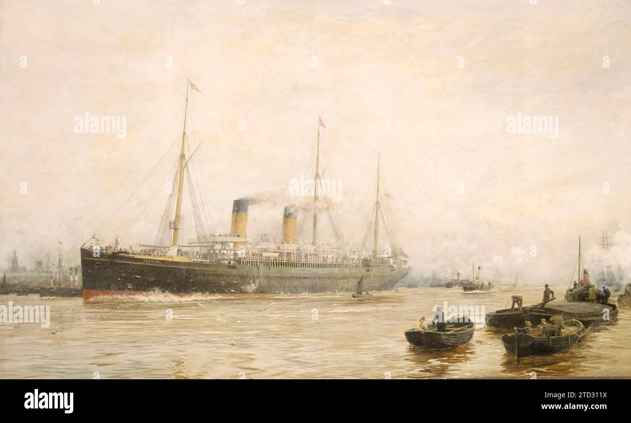 Teutonic quitte Liverpool en juillet 1889, huile sur toile, de William Lionel Wyllie. Le RMS Teutonic était un paquebot construit pour la White Star Line in Banque D'Images