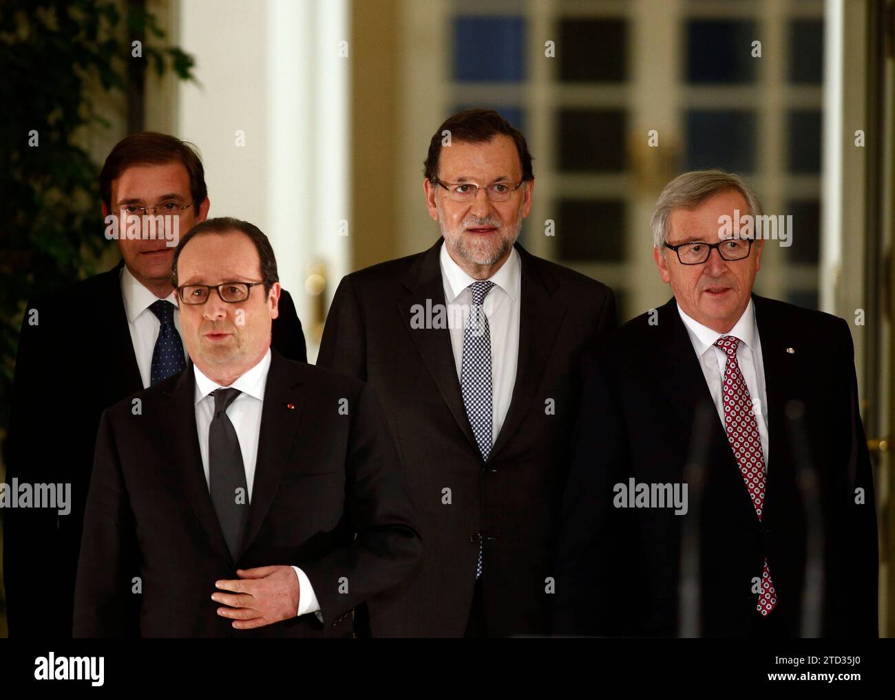 Madrid, 03/04/2015. Sommet de l’énergie à la Moncloa, Mariano Rajoy reçoit le Premier ministre français, François Hollande ; à celui du Portugal, Pedro Passos Coelho, et à Jean Claude Juncker, président de la Commission européenne. Photo : Oscar del Pozo. ARCHDC. Crédit : Album / Archivo ABC / Oscar del Pozo Banque D'Images
