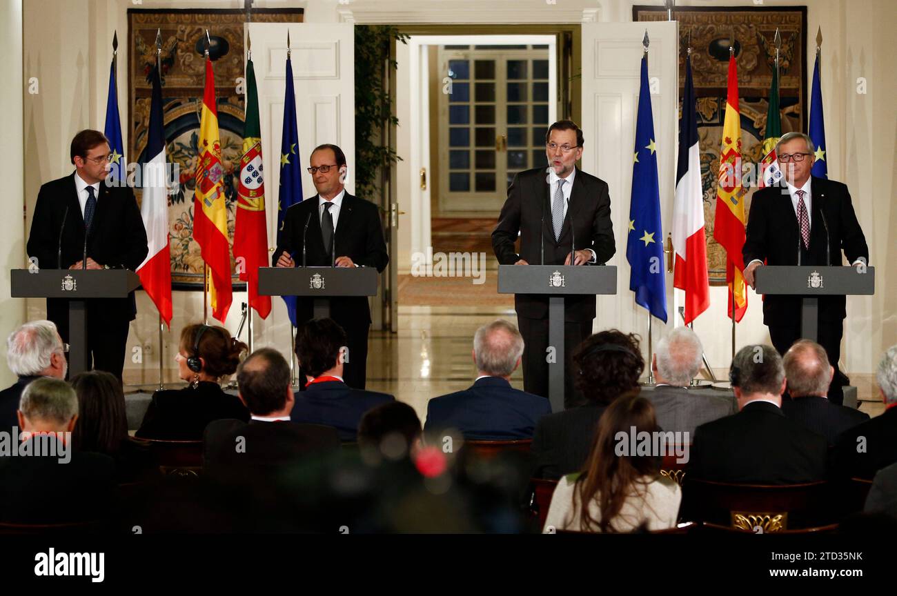 Madrid, 03/04/2015. Sommet de l’énergie à la Moncloa, Mariano Rajoy reçoit le Premier ministre français, François Hollande ; à celui du Portugal, Pedro Passos Coelho, et à Jean Claude Juncker, président de la Commission européenne. Photo : Oscar del Pozo. ARCHDC. Crédit : Album / Archivo ABC / Oscar del Pozo Banque D'Images