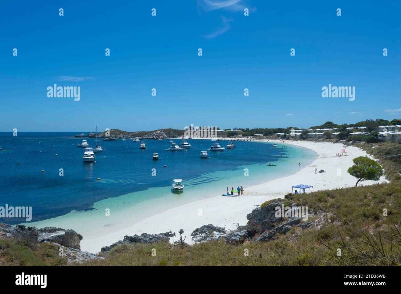 Vue panoramique sur une plage idyllique de sable blanc avec de l'eau turquoise sur Rottnest Island ou Wadjemup, Australie occidentale, Australie Banque D'Images
