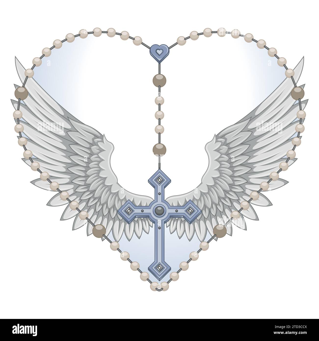 Conception vectorielle de croix ailée avec rosaire en forme de cœur, rosaire en forme de cœur avec des ailes, symbologie de la religion catholique Illustration de Vecteur