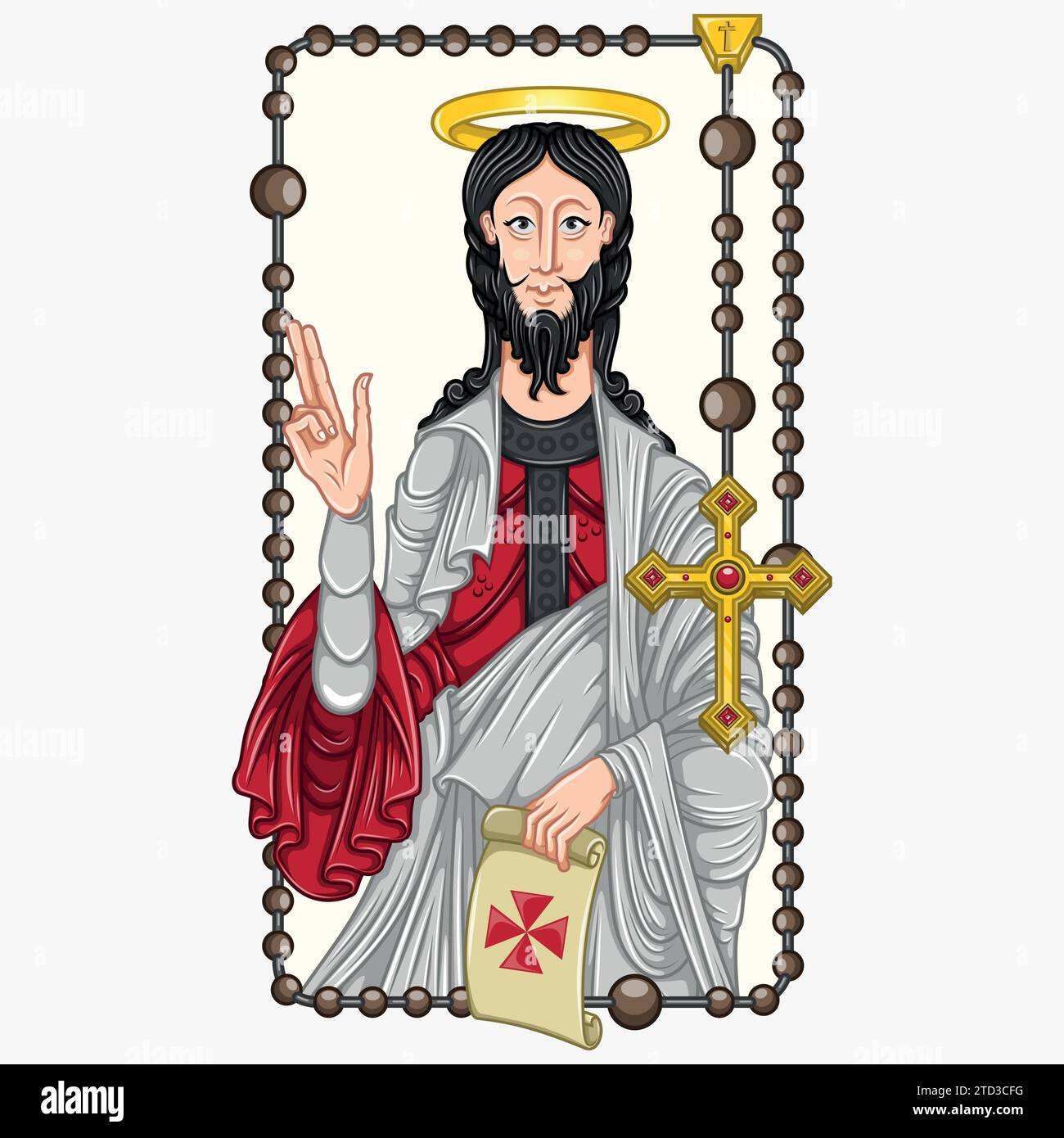 Conception vectorielle de l'apôtre Saint James avec le vieux parchemin, l'apôtre Saint James avec le rosaire chrétien comme cadre Illustration de Vecteur