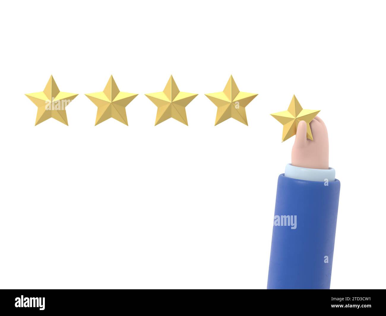 Nombre d'étoiles. Tenant une étoile d'or, pour donner cinq. Concept de feedback. Système d'évaluation. Avis positif. illustration 3d conception plate. Travail de qualité.3D ren Banque D'Images