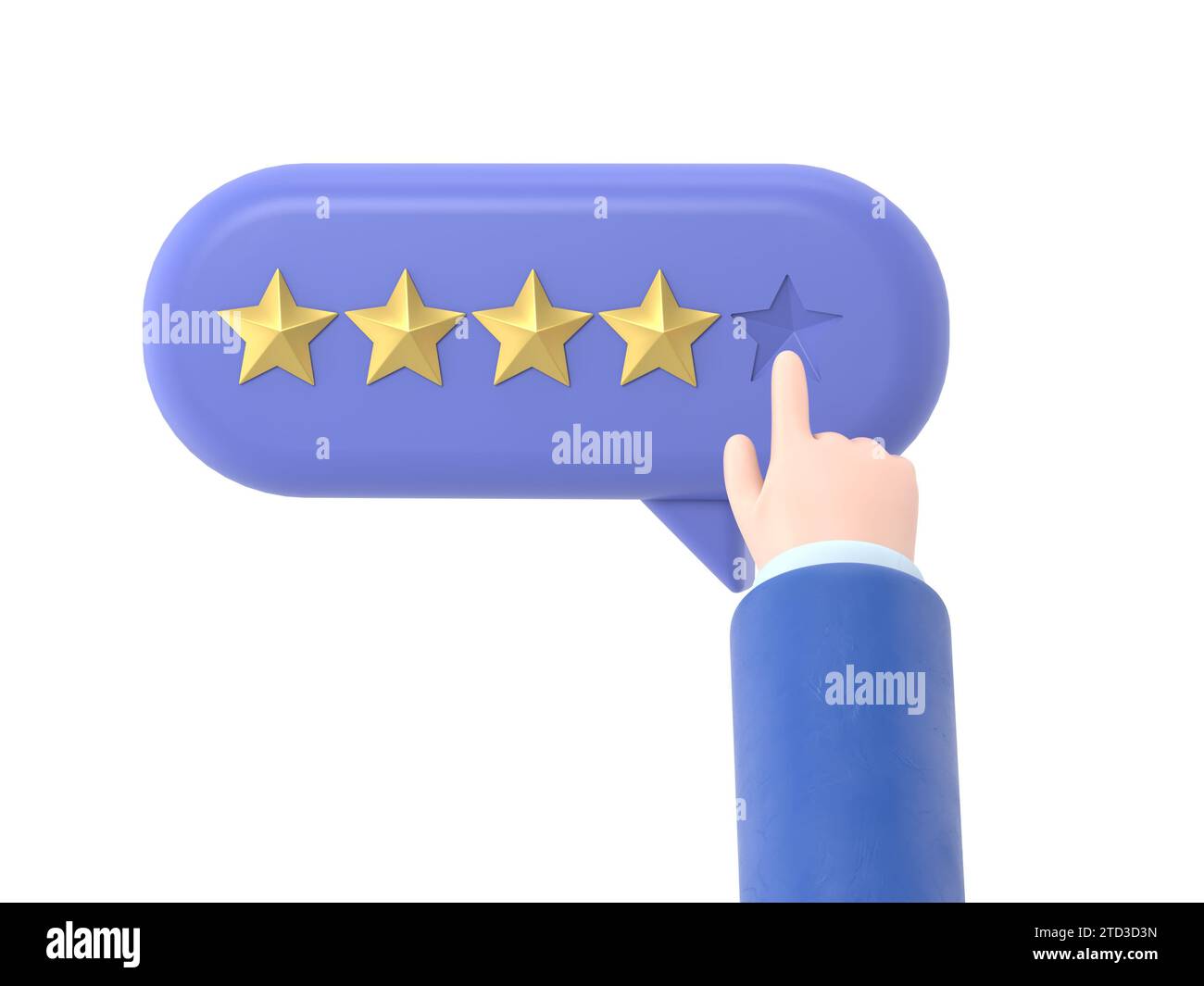 Main de l'utilisateur pointant sur le formulaire de sondage et choisissant l'étoile jaune. Avis client positif cinq étoiles. Feedback en ligne, rendu 3D sur fond blanc. Banque D'Images