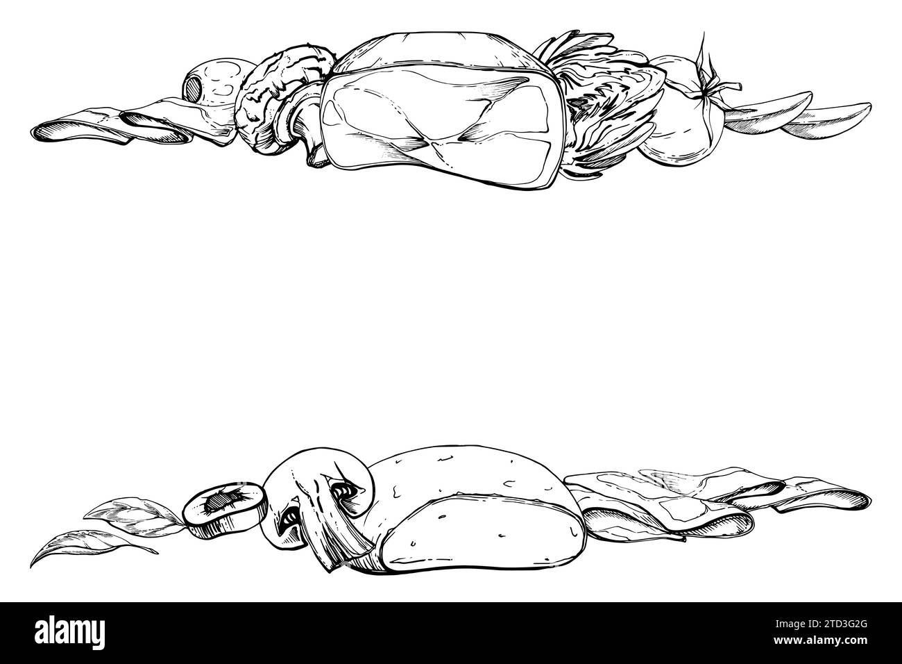 Illustration à l'encre vectorielle dessinée à la main. Champagne mozzarella artichaut prosciutto tomate basilic olive. Cadre d'angle isolé sur blanc. Restaurant design Illustration de Vecteur