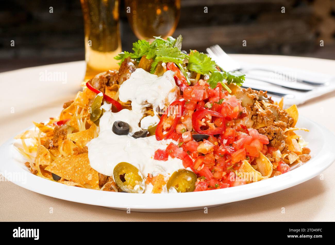 Nachos frais et salade de légumes avec viande, Chili con carne, nourriture mexicaine tipycal, photographie alimentaire Banque D'Images