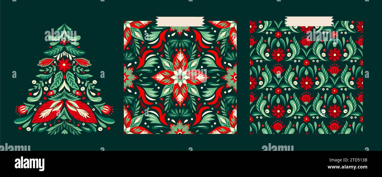 Arbre de Noël Folk Art Star Floral Boho Seamless Pattern Vector Set. Collection d'ornements de vacances scandinaves suédois. Illustration de Vecteur